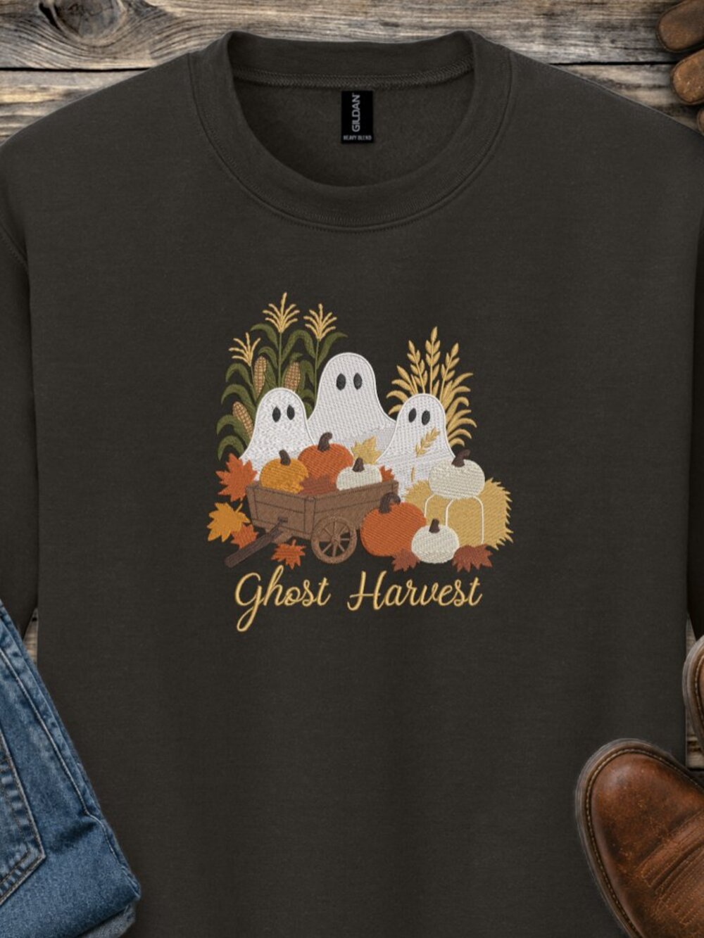 Ghost Harvest Embroidered Sweatshirt Pumpkin Fall Autumn Leaves Halloween Gift
